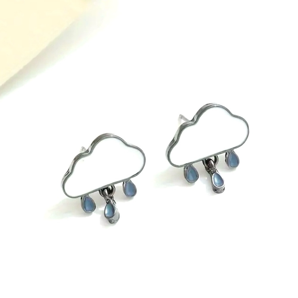 Stormy Skies- Rain Drop Cloud Blue White Enamel Dainty Mini Dangle Gunmetal Stud - Picture 7 of 14